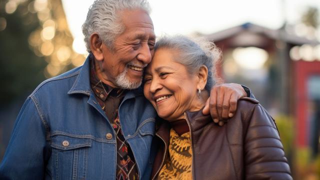 A man hugs his wife from the side. 