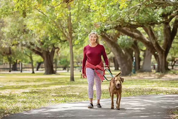 Senior woman walks her dog in tree shaded park