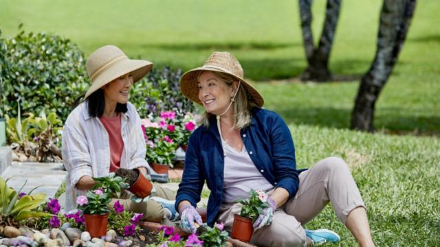 Friends plant flowers together in a garden.