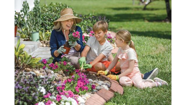 A woman laughs while gardening with her grandchildren. 