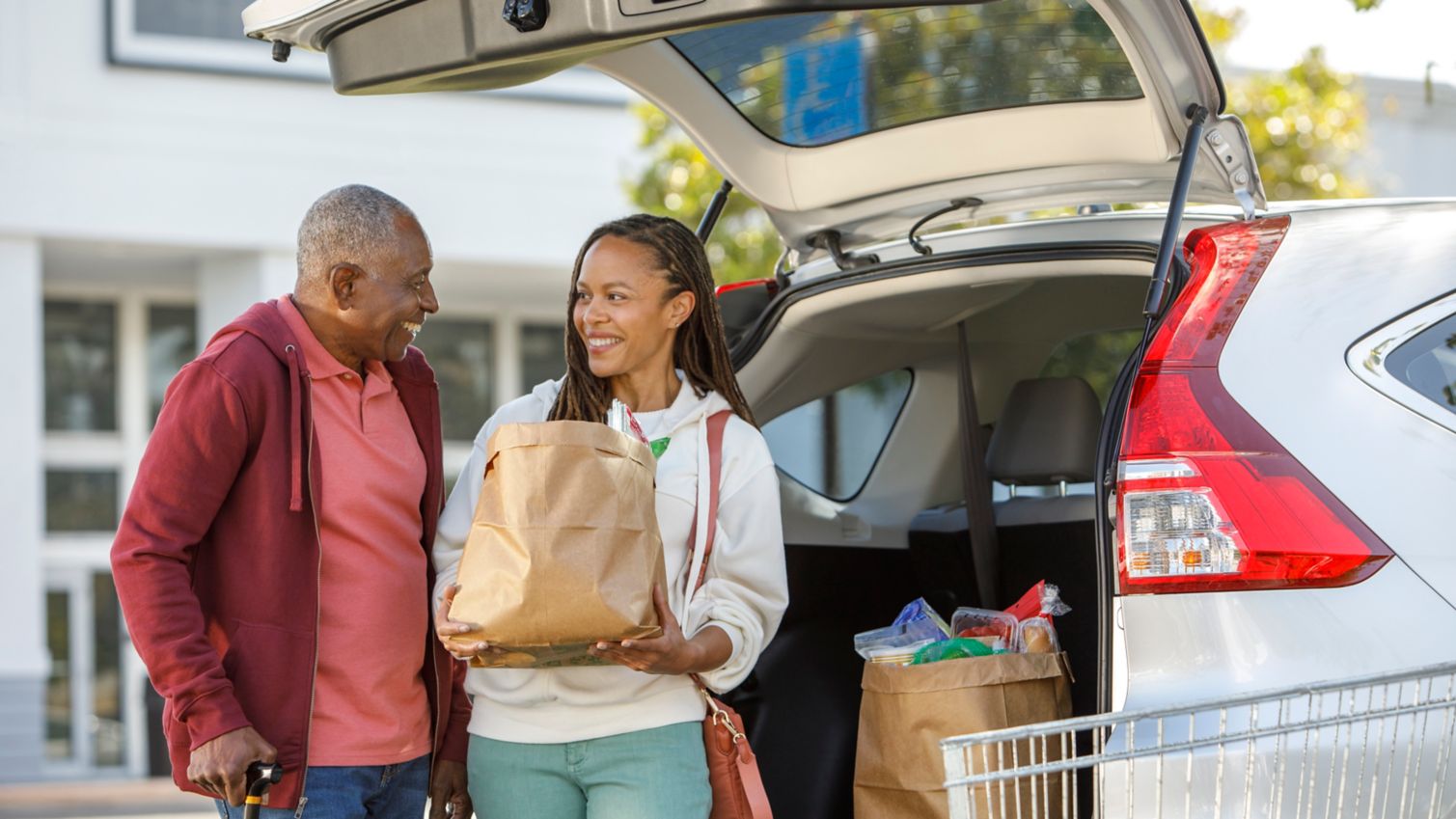 Father and daughter unloading groceries from van.