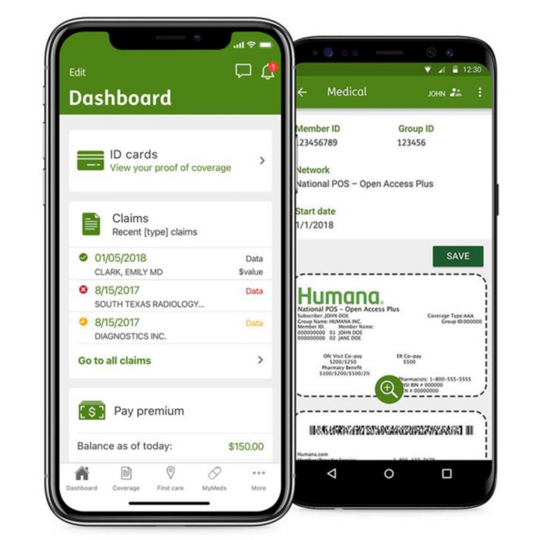 The MyHumana mobile dashboard and digital insurance cards are shown on a smartphone. 