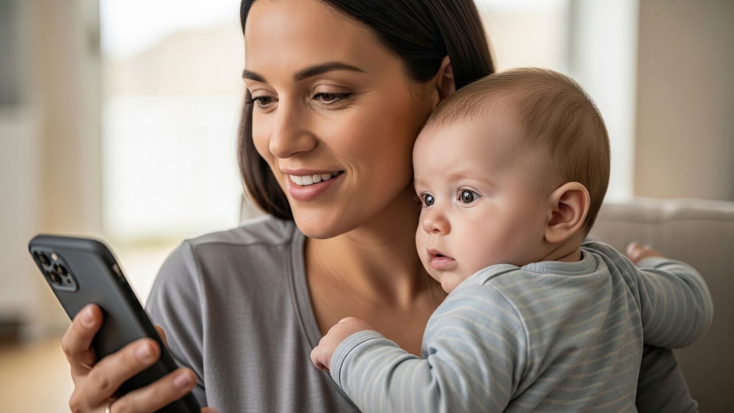 A mother using her smartphone holding her baby at home