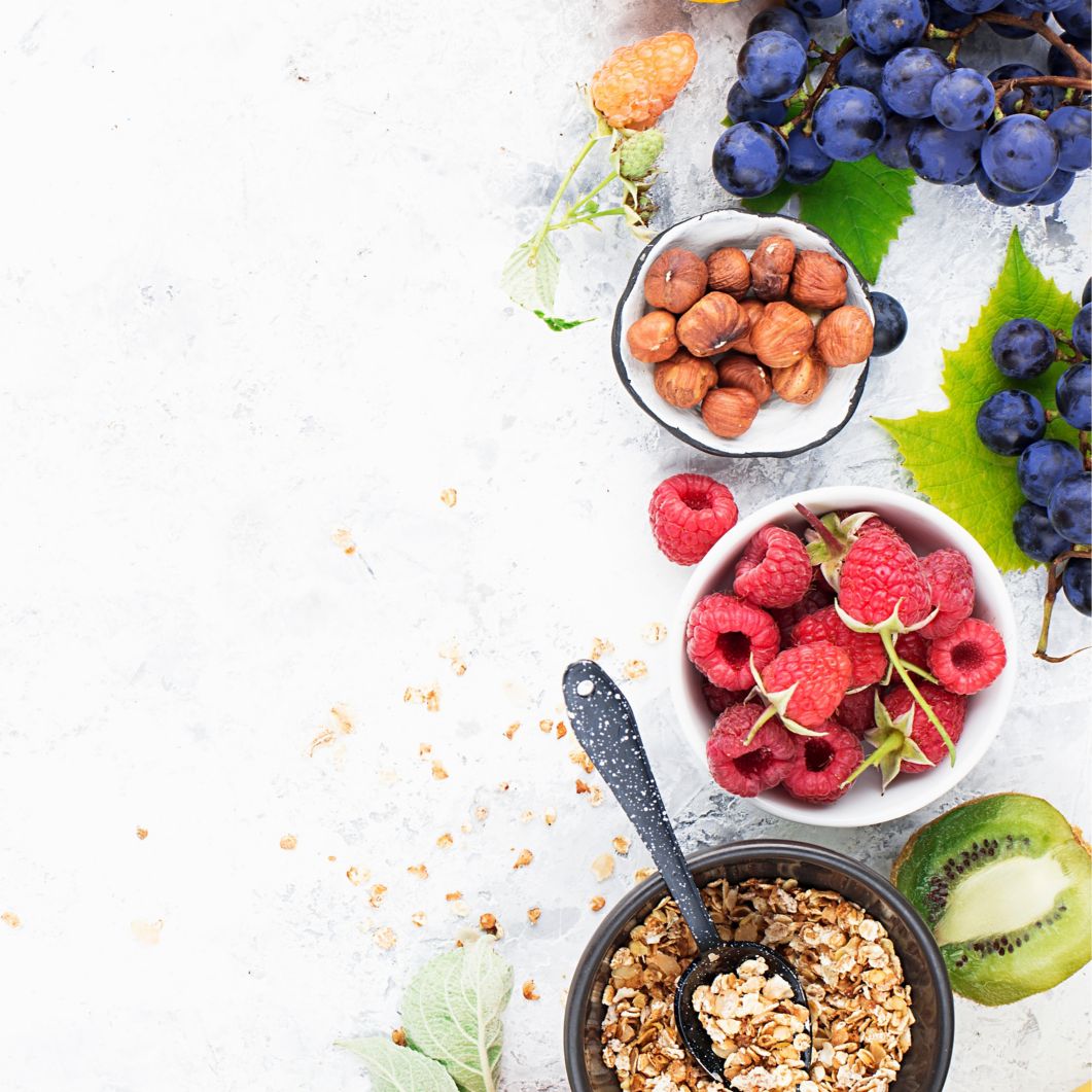 Healthy breakfast ingredients laid out on a table