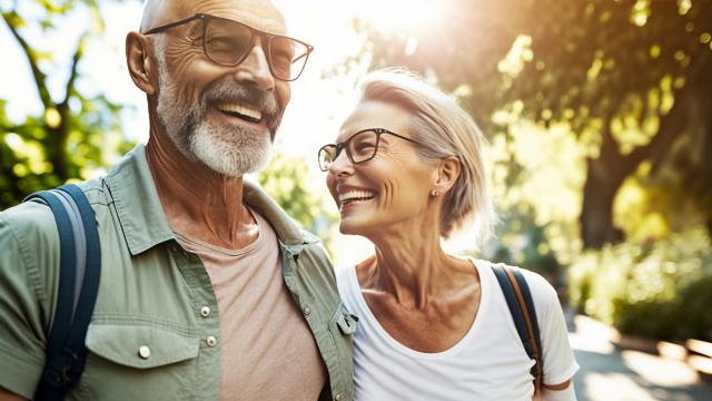 A woman smiles and laughs with her husband as they walk through a park. 