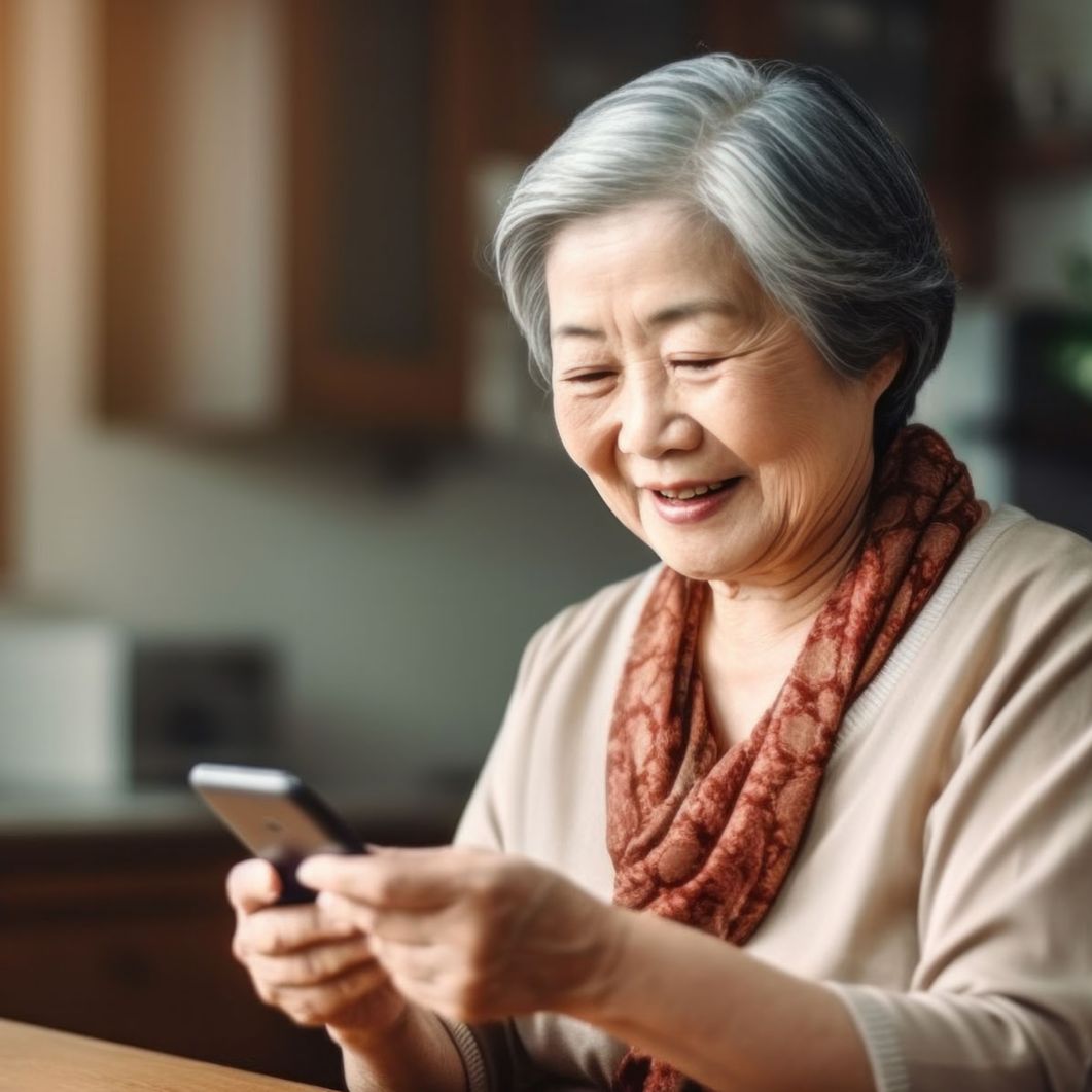 A woman uses a smartphone in her kitchen. 