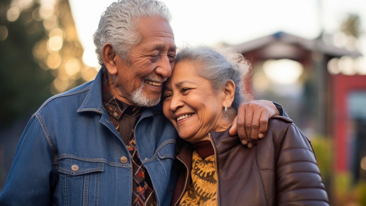 A couple dressed in fall apparel hug and smile. 