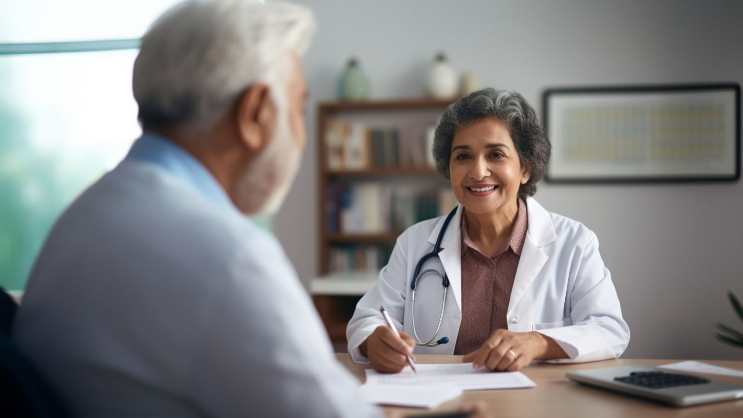 A doctor smiles attentively to the patient across her desk. 