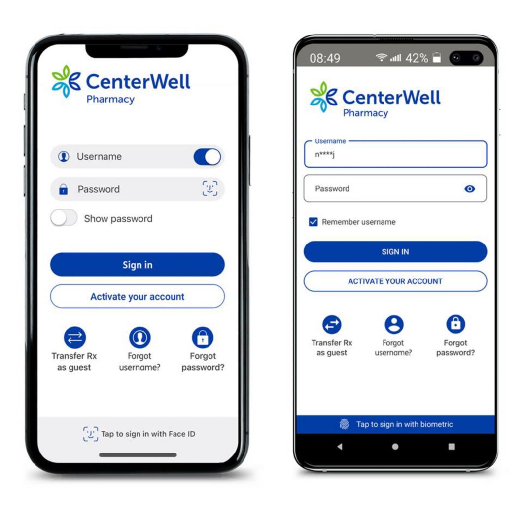 CenterWell Pharmacy mobile app sign in screen on smartphone.