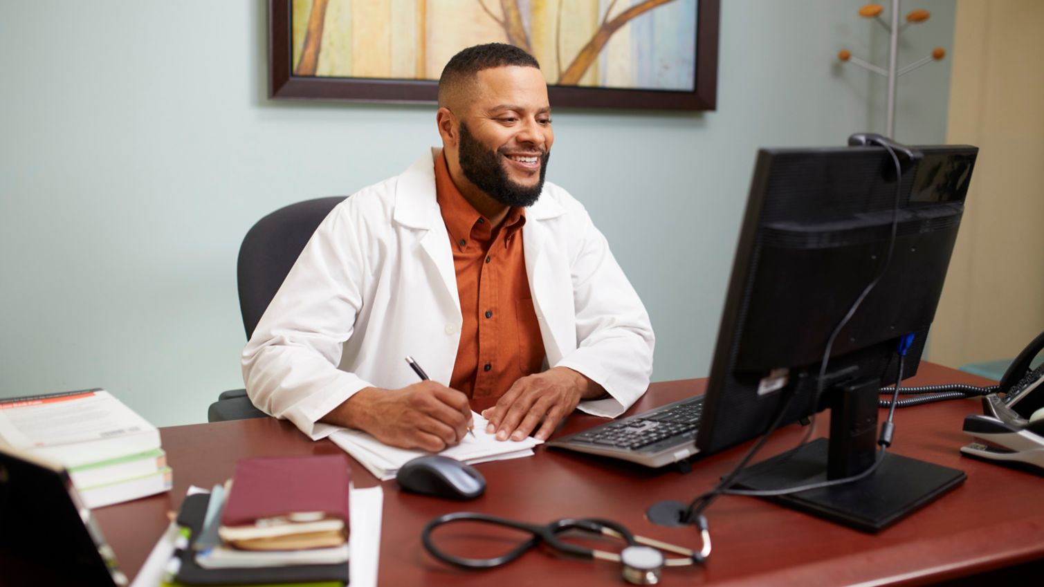 A physician works on his computer