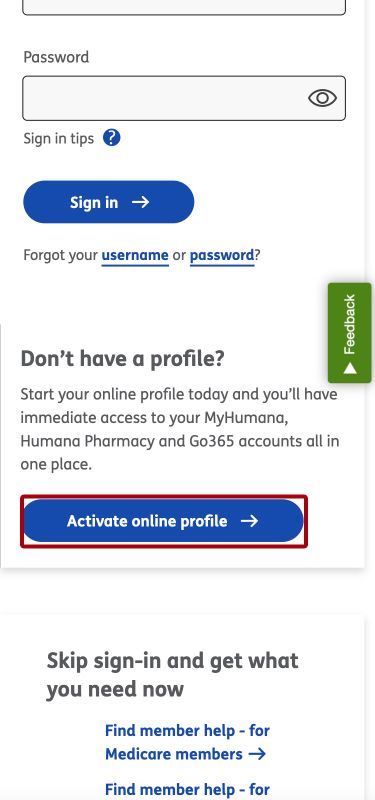 Image of screen that highlights button to access Activation online profile screen