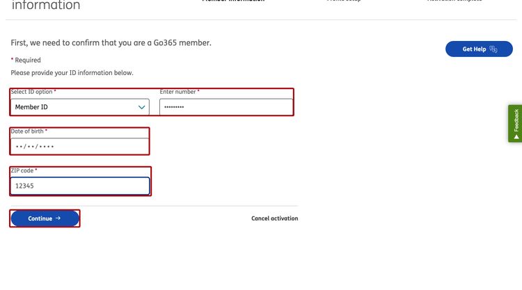 Image of Activation online profile screen that highlights required fields that needs to be filled out