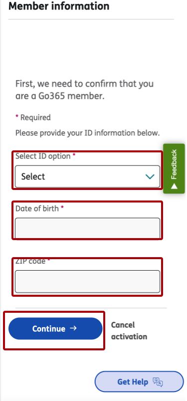 Image of Activation online profile screen that highlights required fields that needs to be filled out