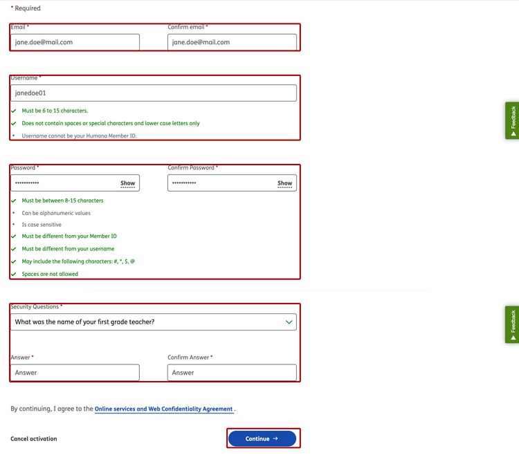 Image of Activation online profile screen that highlights additional required fields that needs to be filled out