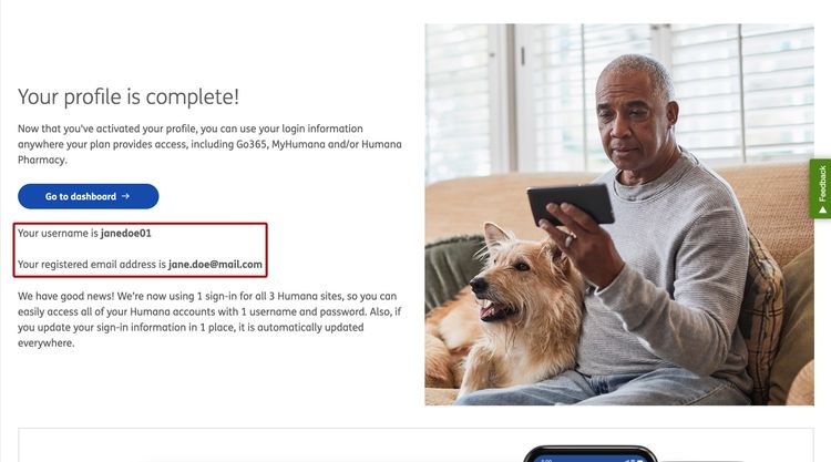 Image of screen that highlights login Username and registered email address for the activated profile