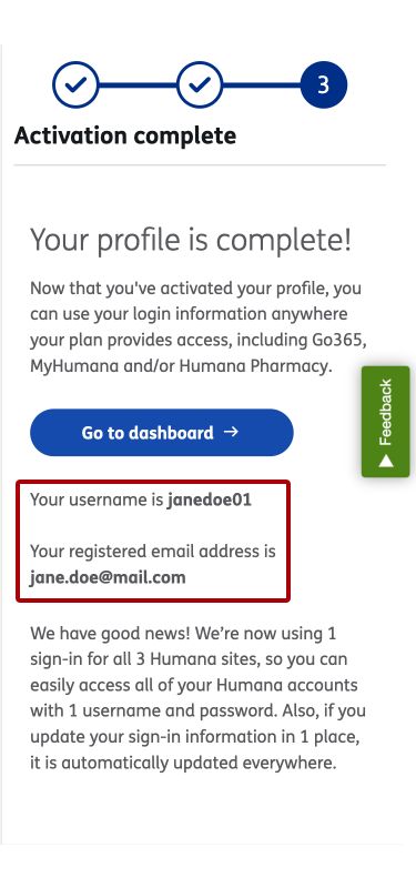 Image of screen that highlights login Username and registered email address for the activated profile