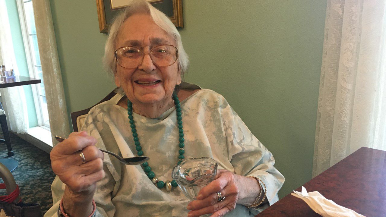92 year old woman smile into camera