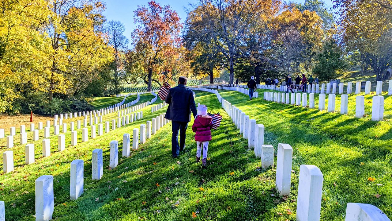Walking in military cemetery