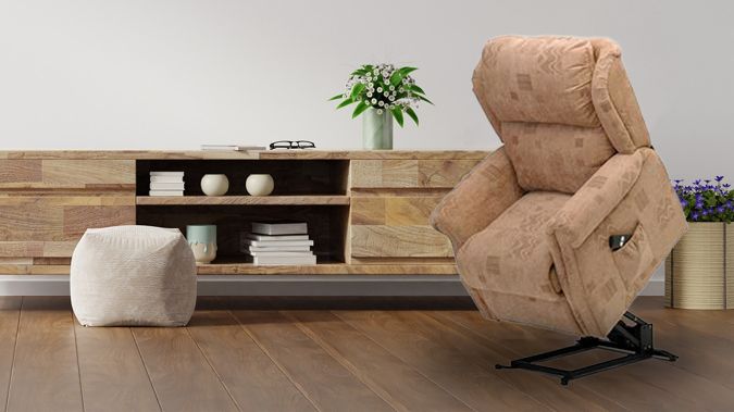 A lift chair in its full, upright position