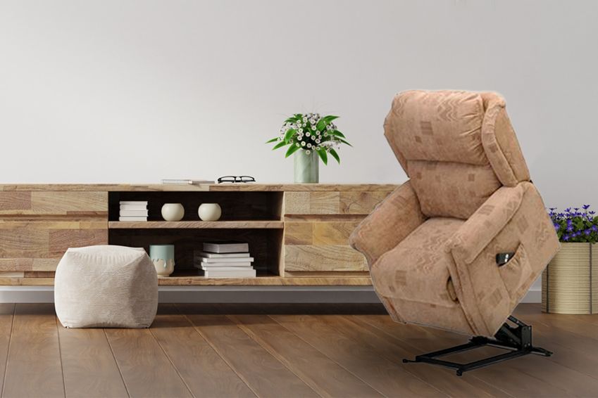 A lift chair in its full, upright position