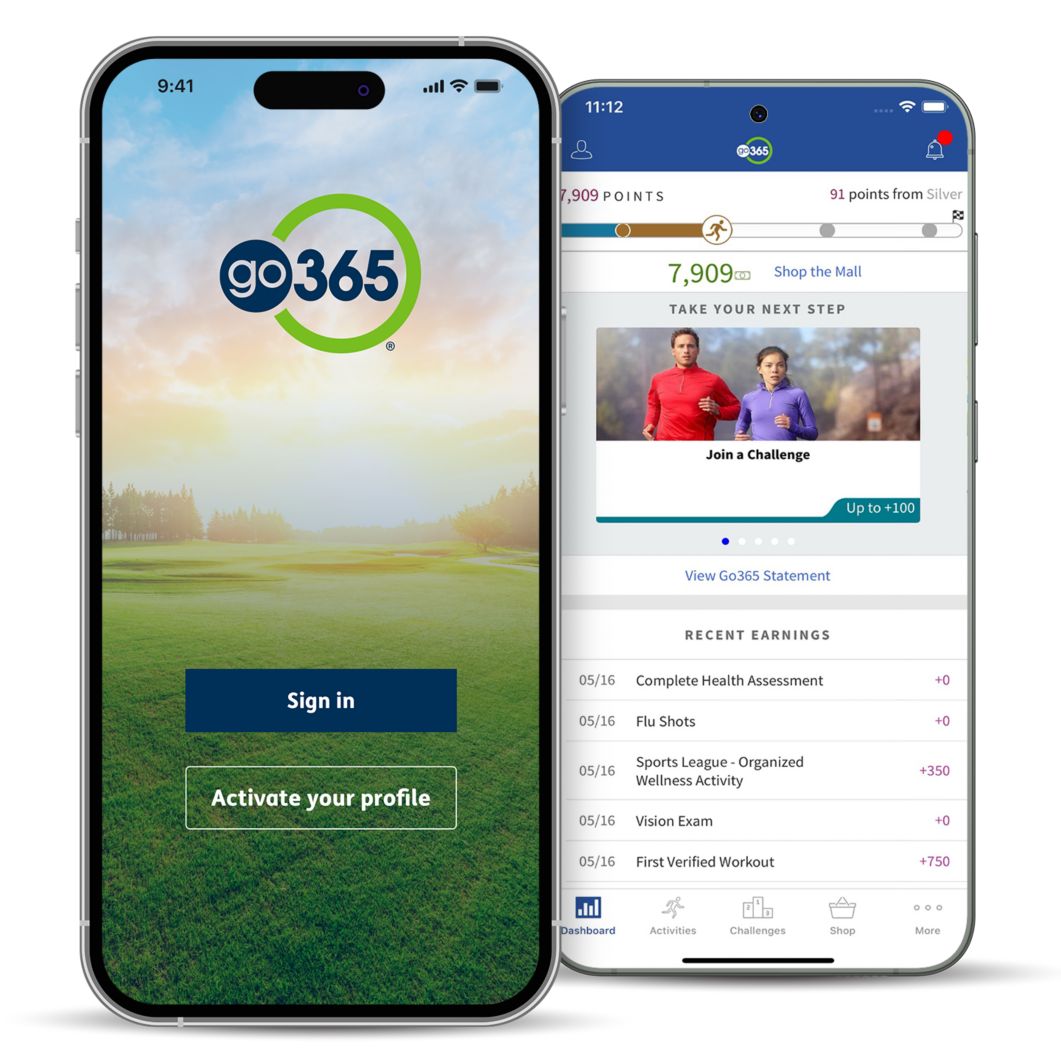 The Go365 mobile app with points earned is shown on a smartphone.