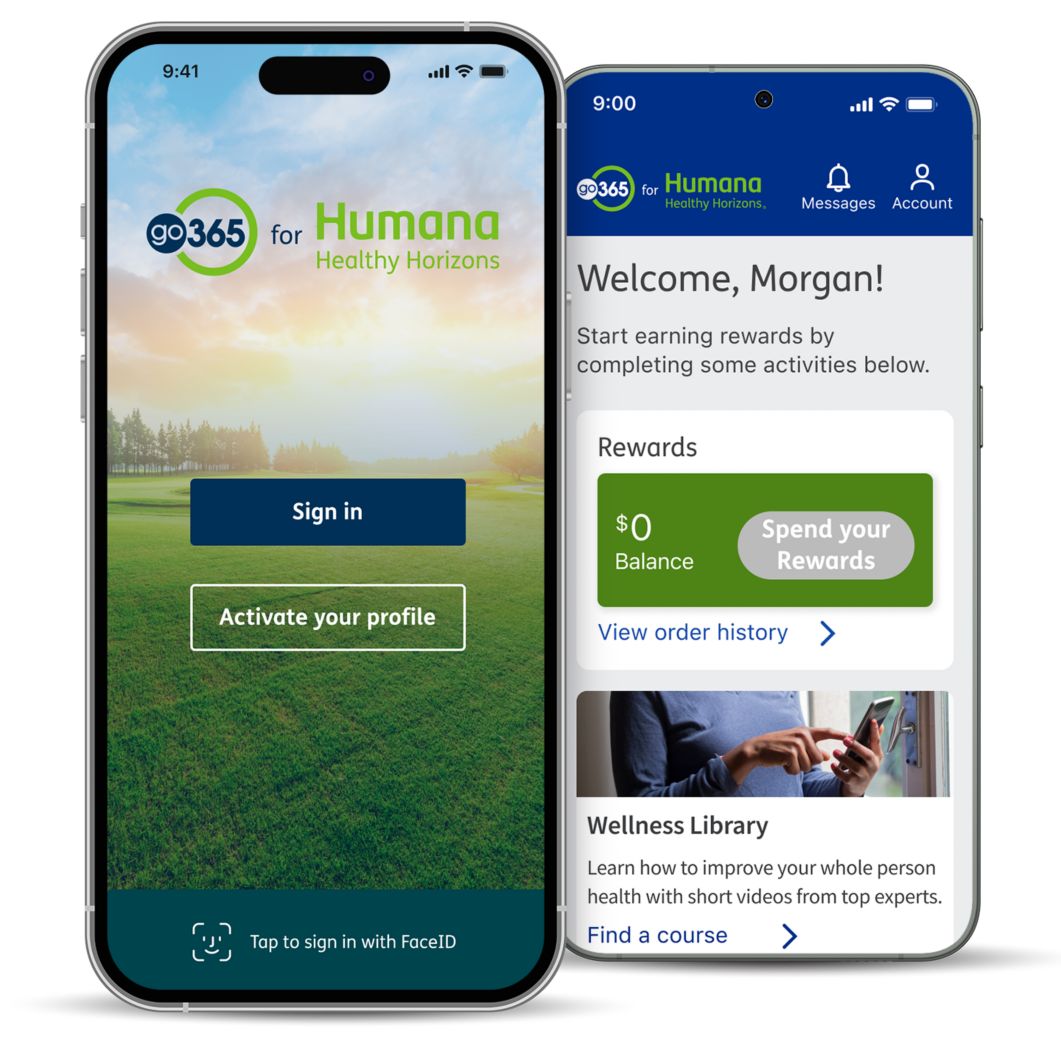 The Go365 for Humana Healthy Horizons app is shown on a smartphone.