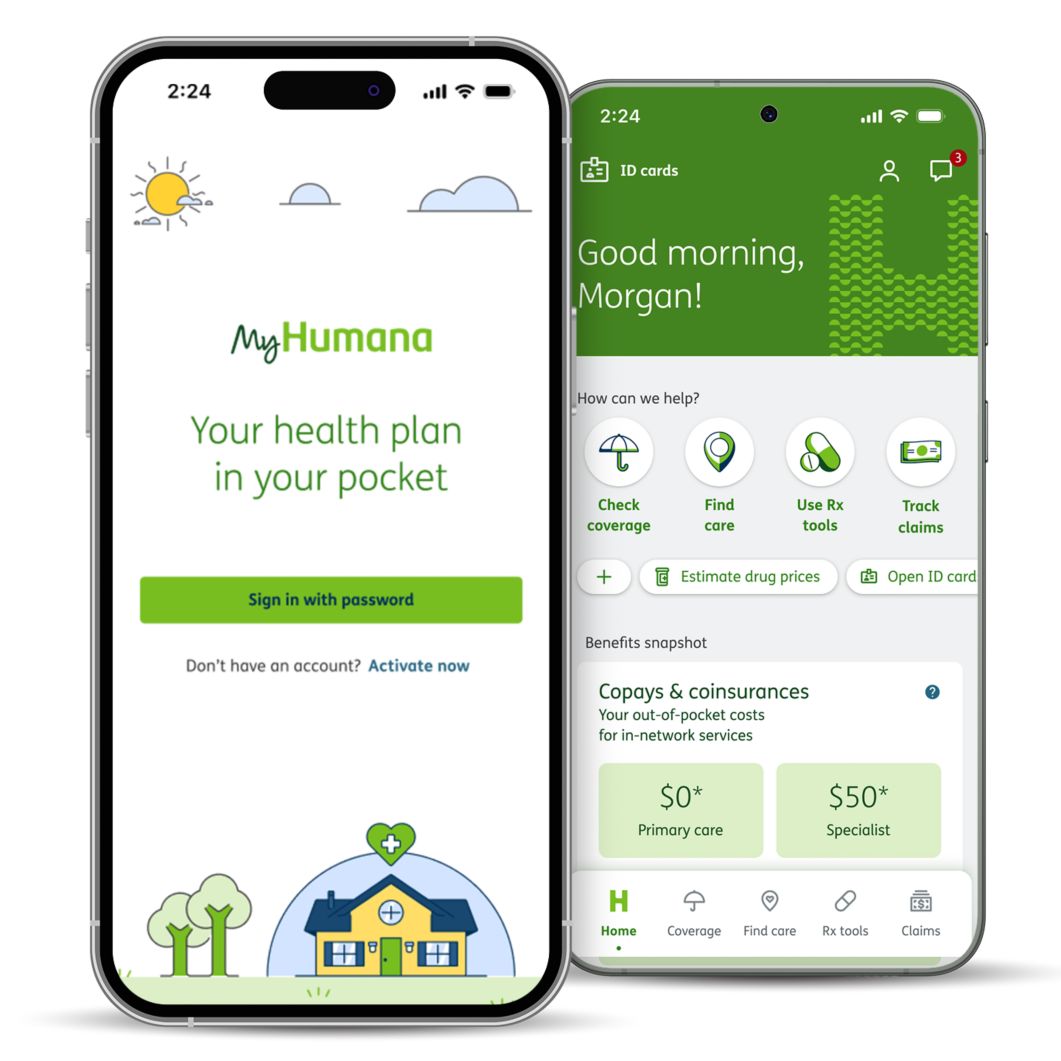 The MyHumana mobile dashboard and digital insurance cards are shown on a smartphone.