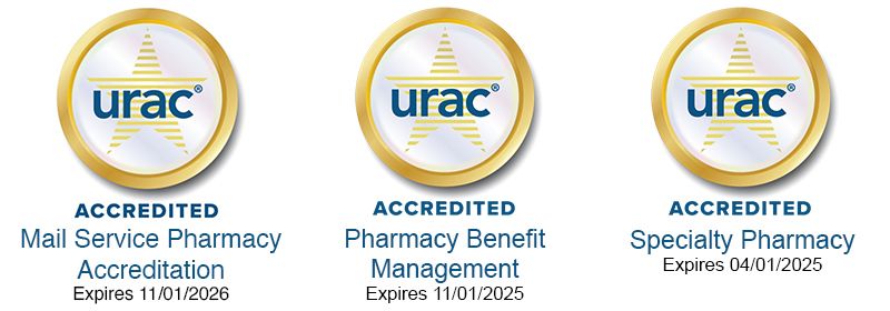 URAC accreditation seals for Mail service pharmacy, Pharmacy benefits management and Specialty pharmacy