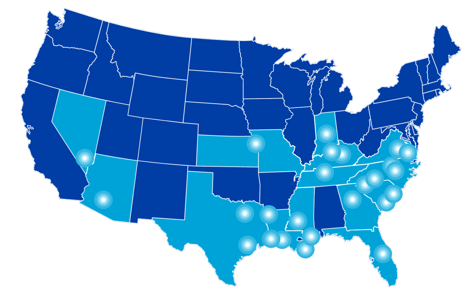 Map of the United States with states highlighted where CenterWell centers are located