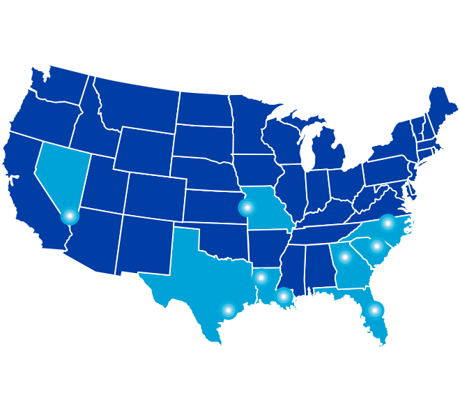 Map of the United States with states highlighted where CenterWell centers are located
