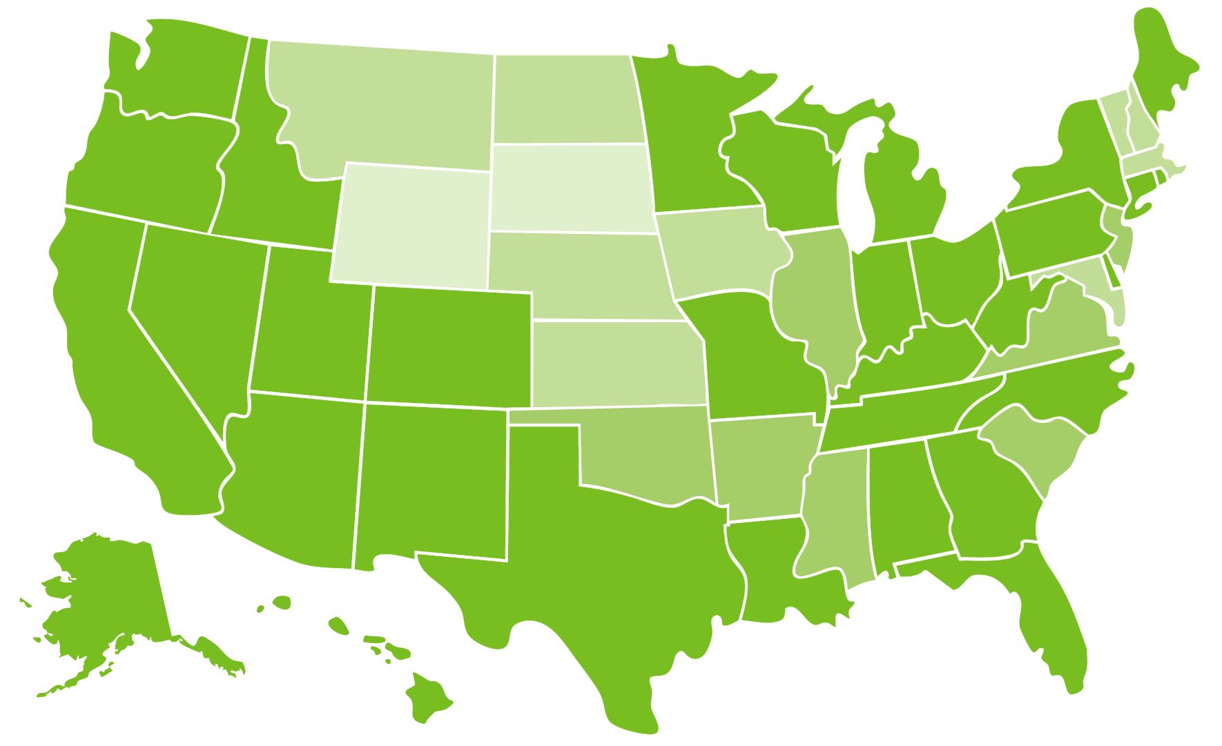 Blank map of the United States on green background